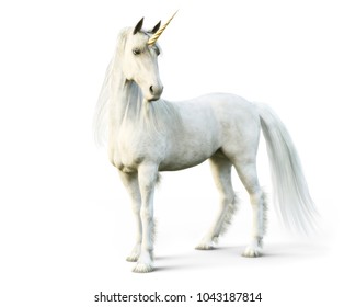 Mythical White Unicorn Posing On A White Isolated Background. 3d Rendering