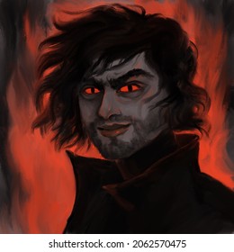 Mythological Dark Burning Demon Or Satan Character Illustration. The Man With The Devil's Eyes
