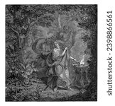Mythological scene with a sacrificing queen in a forest, possibly Althaea, and three gorgonians, Simon Henri Thomassin, after Charles Le Brun, after Bernard Picart, 1697 - 1741