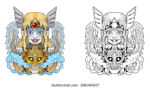 mythological warrior valkyrie and skull in her hands  illustration design