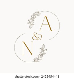 NA Logo initials wedding monogram logo design in simple brown circle leaf frame