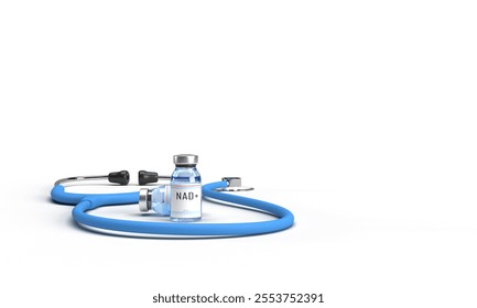 Nad+ drug chemical ageing nad science medical health chemistry stethoscope copy space white background healthcare research vitamin disease nad+ bottle recovery injection body care therapist.3d render - Powered by Shutterstock