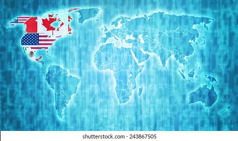 Nafta Flags On Blue Digital World Map With Actual National Borders