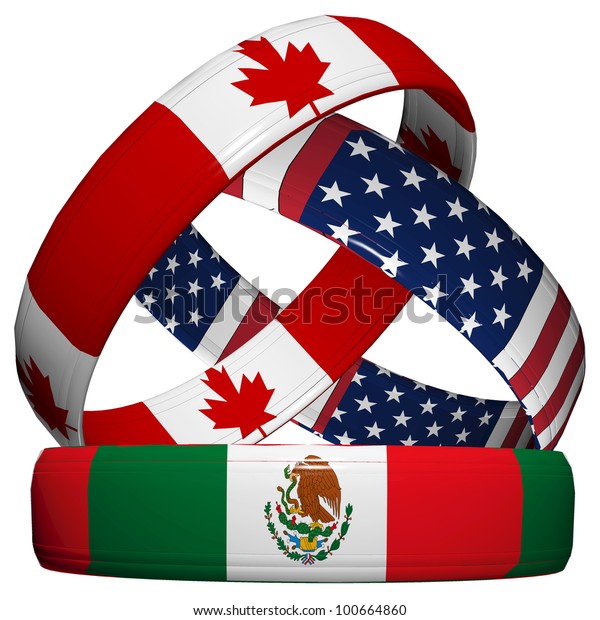 北米自由貿易協定 Nafta 米国メキシコ州カナダ国旗に記号的な結婚指輪3点 のイラスト素材