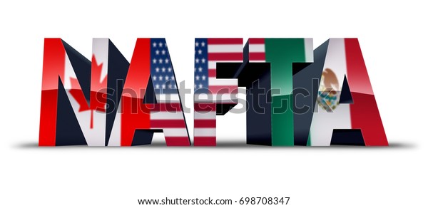 NAFTA or the north american free trade agreement symbol
as the flags of United States Mexico and Canada as a trade
negotiation for the American Mexican and Canadian governments as a
3D illustration. 