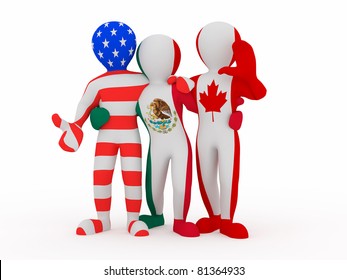 NAFTA. People In Color Of National Flag Of Canada, Mexico, USA. 3d