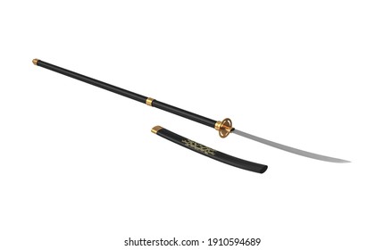 Naginata Japanese Pole Weapon Set 3D Illustration On White Background