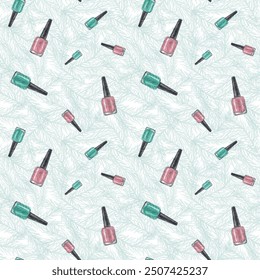 Nail polish bottles on spruce background. Seamless pattern in fashion pink and mint colors. Levitation of manicure, pedicure accessories and greenery. Watercolor illustration for winter package. - Powered by Shutterstock