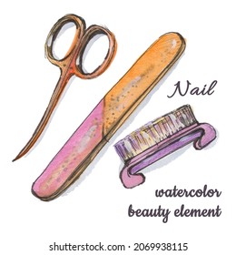 Nail polish scissors  file   brush Watercolor drawing white background  Watercolour gradient orange  purple   violet blot colors