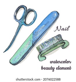 Nail polish scissors  file   brush Watercolor drawing white background  Watercolour gradient blue   green blot colors