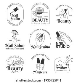 Nail salon logo. Manicure and hand care cosmetic line logos. Beautiful female hands, polish brush and flowers. Fashion boutique  set - Powered by Shutterstock