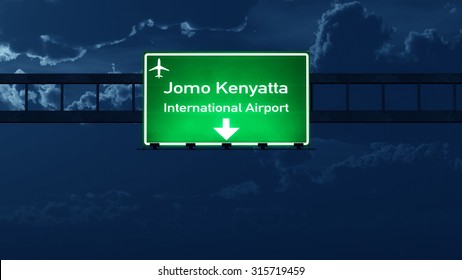 Nairobi Kenya Airport Highway Road Sign At Night 3D Illustration