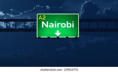 Nairobi Kenya Highway Road Sign At Night 3D Artwork