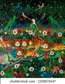 Naive Jungle Scene Composition Of Lionesses, Birds, Tropical Plants And Flowers Painted In The Style Of Haitian Art.