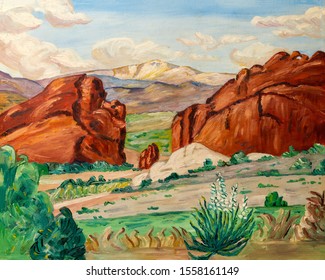 Naive style oil painting of the Grand Canyon mountains and arid landscape of Arizona or Nevada, in southwest United States.