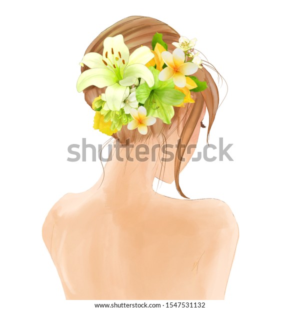 花柄の髪型をした裸の花嫁の背中 感情的な女性のイラスト 美容ブロガー サロン 結婚式の招待に最適 のイラスト素材