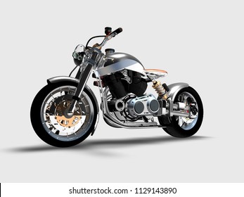 Naked Chrome Motorcycle On A Neutral Background, 3D Rendering