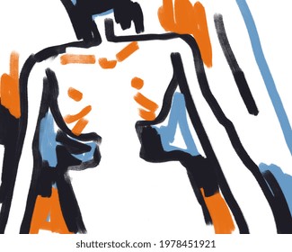 Naked Torso Human Shape Drawing Neo Expressionism Art Style With Late Modernism Art. Modern. For Print, Art And T-shirt Design.