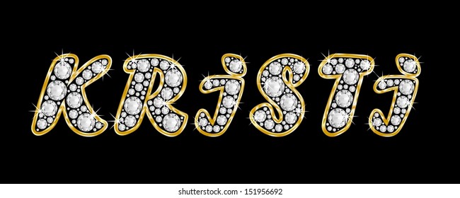 The name KRISTI made of a shiny diamonds style font, brilliant gem stone letters building the word, isolated on black background.  