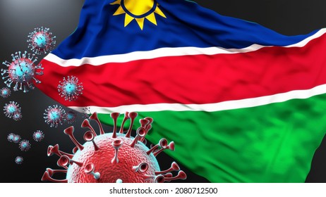 Namibia And The Covid Pandemic - Corona Virus Attacking National Flag Of Namibia To Symbolize The Fight, Struggle And The Virus Presence In This Country, 3d Illustration