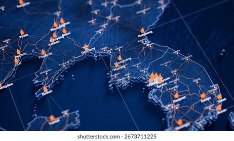 Nampo map big data visualization. Futuristic map infographic of city in North Korea. Visual map data complexity in modern blue and orange colors. 3D Illustration