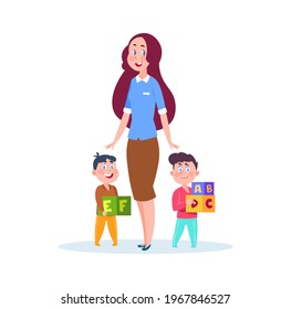 Nanny And Kids. Young Babysitter, Cartoon Little Brothers With Cubes. Preschool Study, Isolated Kindergarten Children Illustration