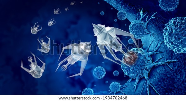 Nanotechnology medical treatment and\
future medicine concept as a group of microscopic nano robots or\
nanobots programmed to kill cancer cells as a 3D\
render.