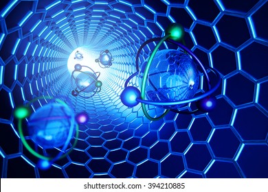 Nanotechnology, molecular structure and science concept, scientific illustration, atoms and molecules in carbon nanotube tunnel on blue background