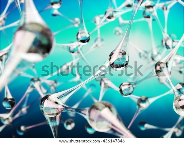 Nanotechnology and nanostructure with\
nanoparticles, atomic and molecular structure, chemical bonds and\
science concept, crystal lattice network model on blue background,\
3d\
illustration