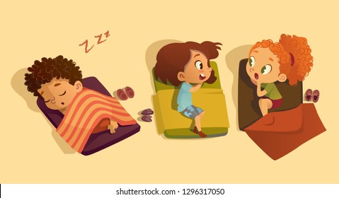 Nap Time In The Kindergarten. Two School Girls Talking To Each Other And Gossipping In The Bedroom. Telling Secret To Each Other. Daytime Sleep For Kids