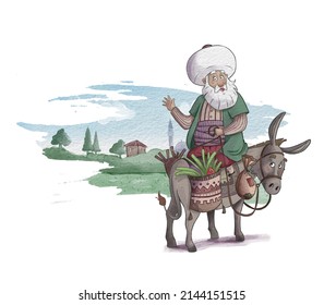 Nasreddin Hodja Riding Donkey Illustration Cartoon Stock Illustration ...