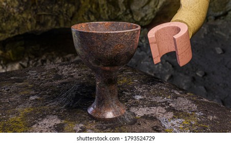 Natal, Brasil - 10 August 2020: 3D Art - Lego Indiana Jones, Holy Grail On Stone Table With Cobwebs And Rust