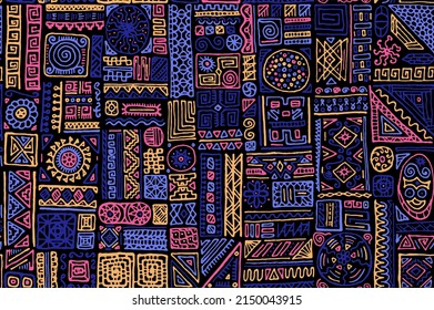 National african seamless pattern. Apparel fabric print design. African or polynesian ethnic tribal hand drawn swatch. Simple doodle patchwork. Decorative embroidery pattern.