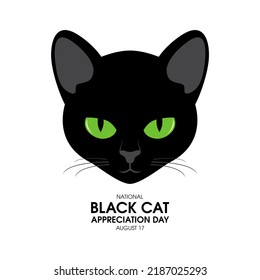 National Black Cat Appreciation Day illustration. Black cat head with green eyes icon isolated on a white background. August 17. Important day