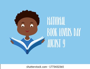 National Book Lovers Day illustration. Cute little reader icon. African american boy reading a book icon. Boy with book cartoon character. Afro american student icon. Book Lovers Day Poster, August 9 - Powered by Shutterstock