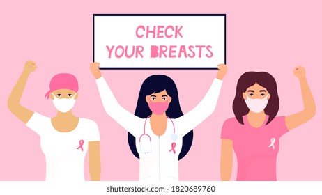 National Breast Cancer Awareness Month. A Doctor In A Protective Mask Holds A Poster. Girl Was Wearing A Head Scarf After Chemotherapy And With A Pink Ribbon On T-shirt Raised Fist Up.