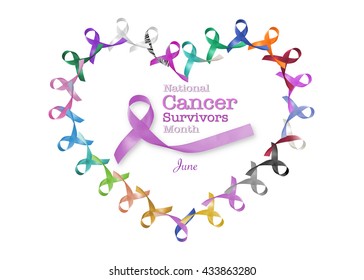 National Cancer Survivor Month, June , Heart Shape Cycle Of Multi-color Lavender Purple Colour Symbolic Ribbons Raising Awareness Of All Kind Tumors