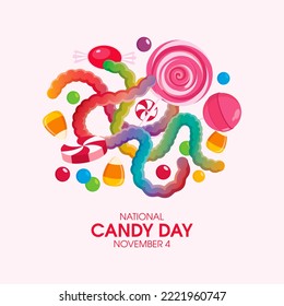 National Candy Day Illustration. Colorful Candy Pile Icon. Pile Of Candies, Lollipops, Gummy Jelly Worm Drawing. November 4. Important Day