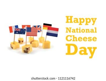 National Cheese Day illustration. Cheese cubes with flags. World Flag Toothpick images. Different types of flags. Flag decorations for party. American Cheese Day. Important day - Powered by Shutterstock