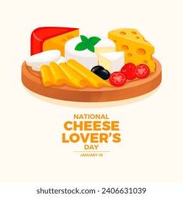 National Cheese Lover’s Day poster illustration. Various types of cheese on a wooden cutting board icon set. Cheese platter with camembert, emmental and more. January 20. Important day - Powered by Shutterstock