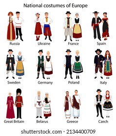 National costumes of Europe. Women's and men's folk costumes of Russia, Ukraine, France, Spain, Sweden, Germany, Poland, Italy, Great Britain, Belarus, Greece, Czech