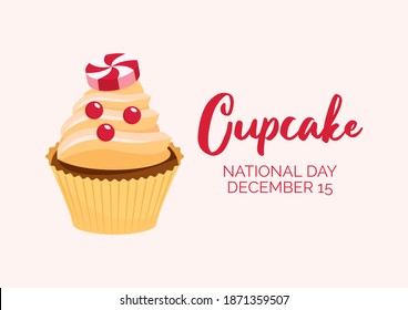 National Cupcake Day on December 15 illustration. Vanilla cupcake with hard christmas candy illustration. Decorated christmas cupcake with sprinkles icon. Cupcake Day Poster, December 15 - Powered by Shutterstock