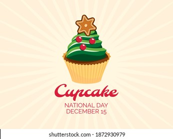 National Cupcake Day on December 15 illustration. Decorated cupcake christmas tree with gingerbread star icon. Cupcake Day Poster, December 15. Important day - Powered by Shutterstock