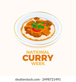 National Curry Week poster illustration. Chicken curry with rice, coriander and chili pepper icon. Chicken Tikka Masala on a plate drawing. South Asian cuisine symbol - Powered by Shutterstock