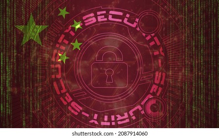 National cyber Security of China on digital background  Data protection. Safety systems concept. Lock symbol on dark flag background