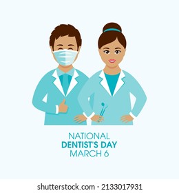 National Dentist's Day Poster With Man And Woman Dentists Illustration. Happy Smiling Male And Female Dentist Icon. Dentists Day Poster, March 6. Important Day