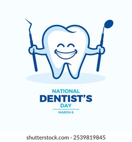 National Dentist's Day poster with smiling tooth illustration. Happy tooth holding a dental tools icon. Healthy cute tooth with dental instruments cartoon character. March 6 every year - Powered by Shutterstock