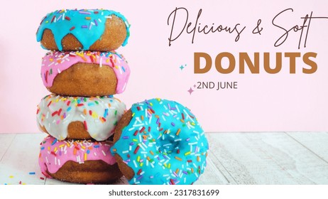 National Donuts Day 2nd june of every year. Stack of 3d colorful and delicious donuts. Donuts are stacked on a white table. - Powered by Shutterstock