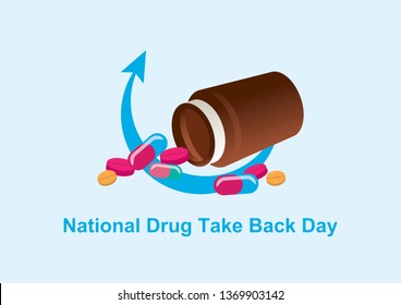 National Drug Take Back Day Illustration. Bottle With Pills. Colorful Pills Illustration. Returned Drug Picture. Expired Prescription Drugs. Important Day