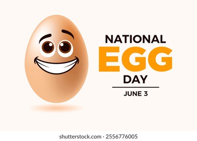 National Egg Day poster illustration. Happy egg with smiley face cartoon. Smiling egg icon. Template for background, banner, card. June 3 each year. Important day - Powered by Shutterstock